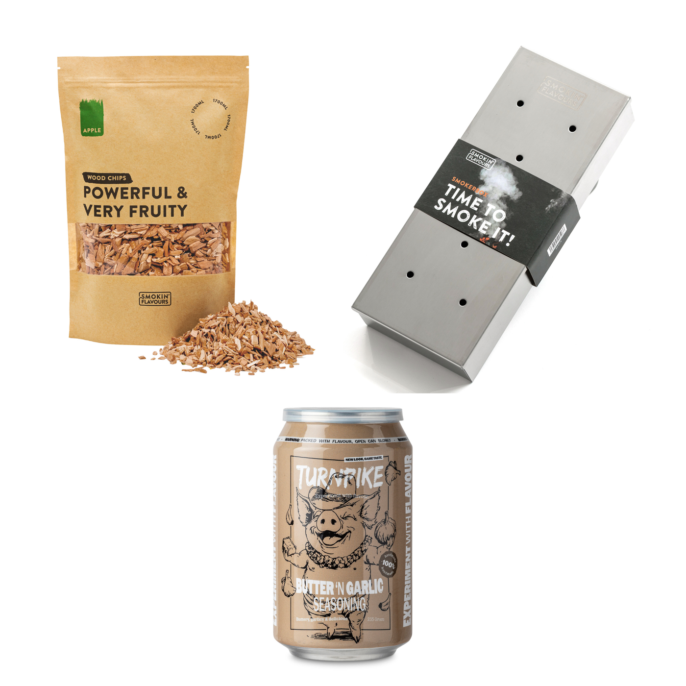 Gas BBQ Starter Kit met smokerbox, appel rooksnippers en Butter ’n Garlic seasoning